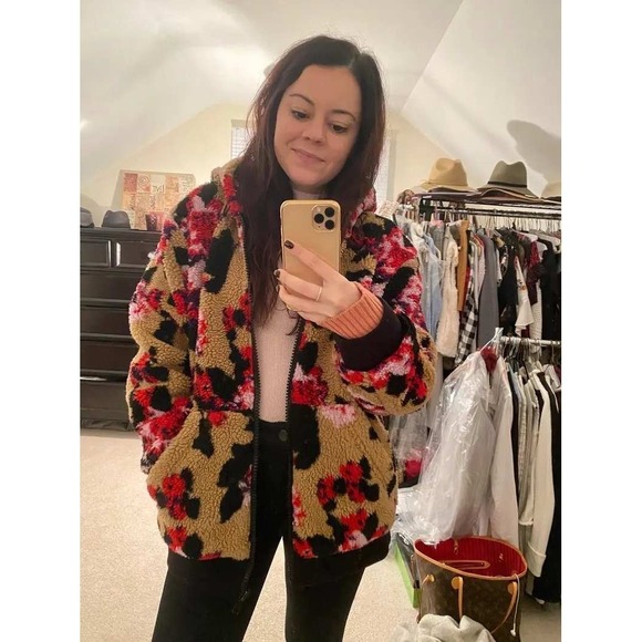 MSGM Giubbino Fleece Jacket Tan Red Floral Sherpa Zip Up Hooded Sz 38 / 4 US
